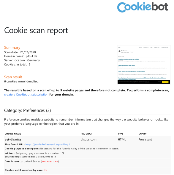 Cookiebot GDPR compliance report without Google Analytics