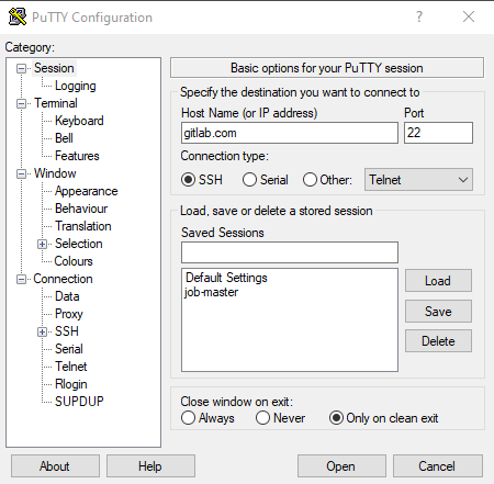 PuTTY Configuration GitLab server