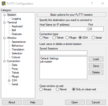 PuTTY Configuration start window
